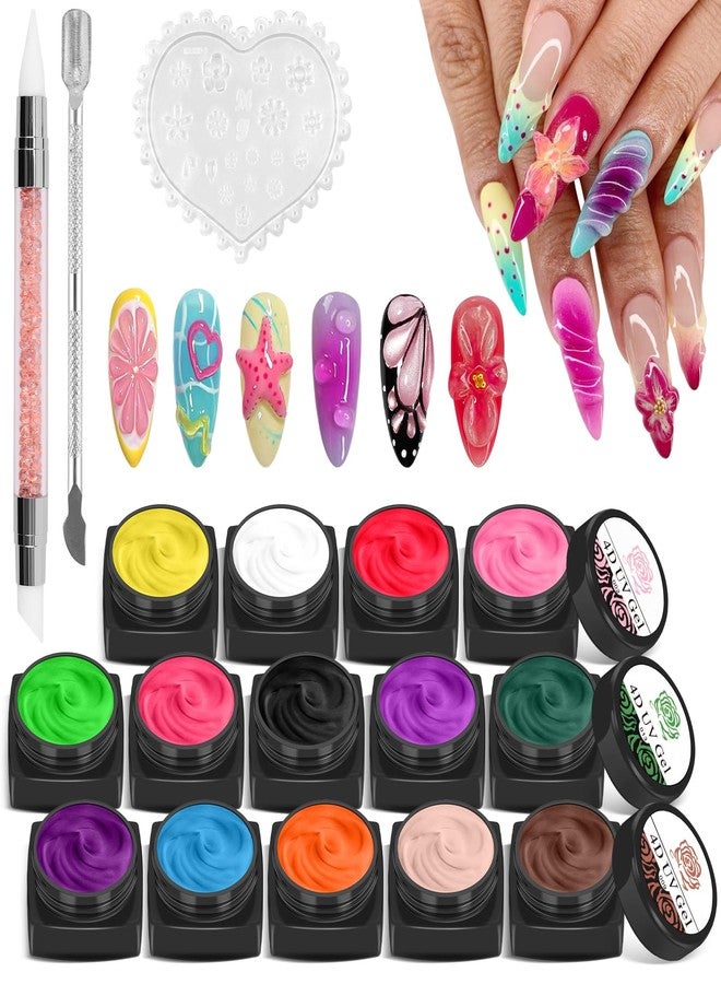 EBANKU 14 Colors Sculpture Painting Nail Gel Set, 3D Nail Carved Gel Sculpture Creative DIY Decoration Painting Glue with Silicone Mold, Silicone Pen, Cuticle Pusher and Carving Brush - Image 1